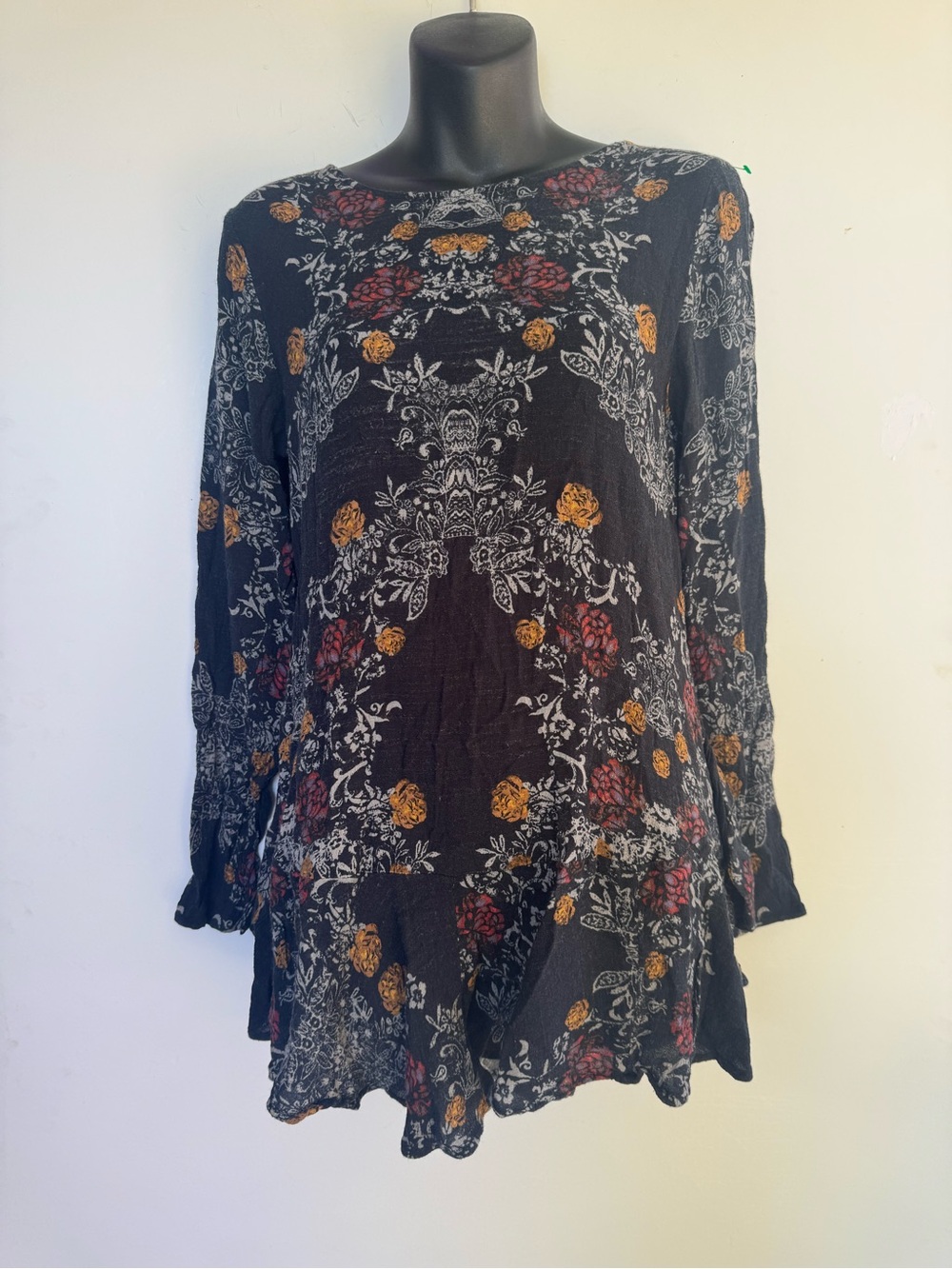 Free People Black Floral Long Sleeve Tunic Dress with Red & Mustard Accents
